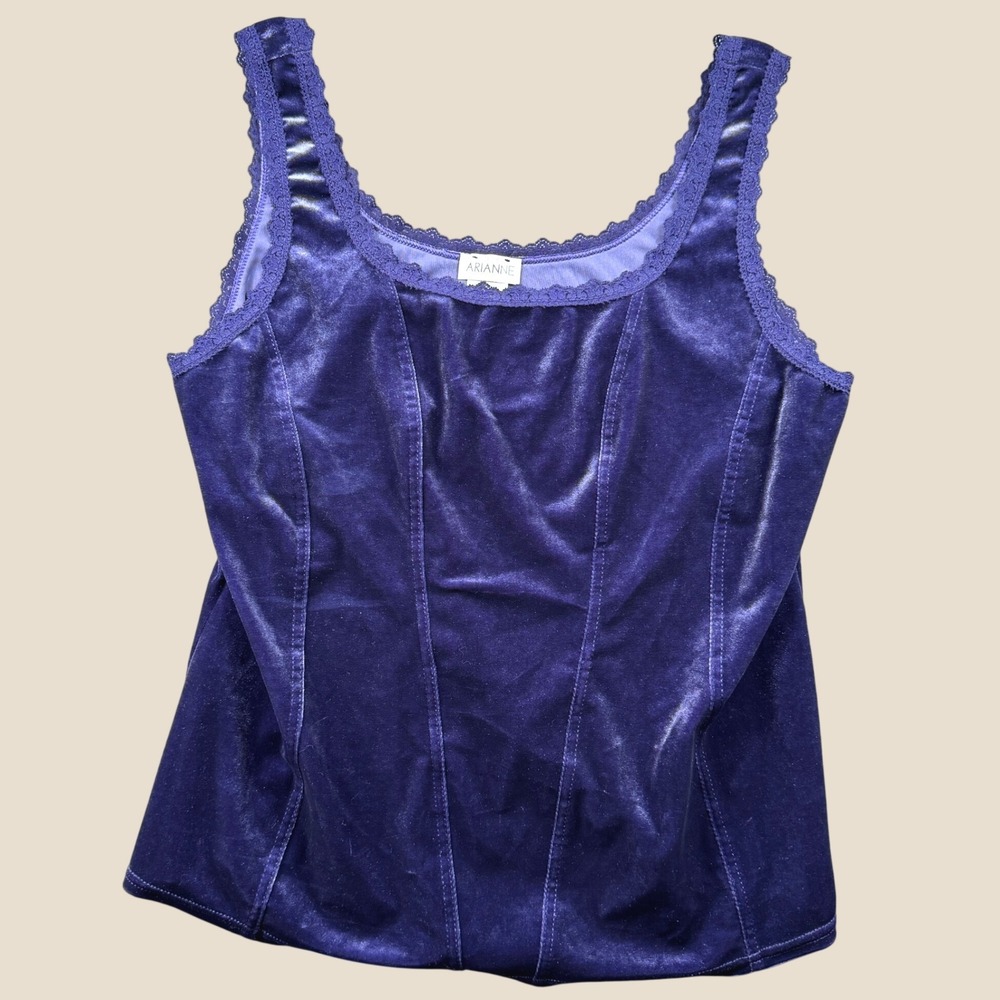 Arianne Camisole Womens 1X Purple Velvet Lace Trim Seamed Corset Tank Top 5576X